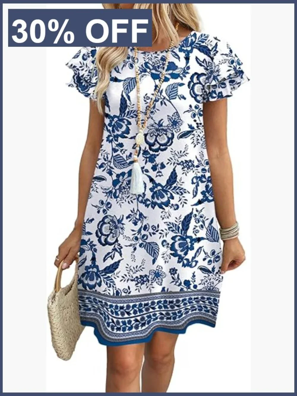Knee-Length Swing Dress with Ruffle Sleeves and Pockets for Casual Wear